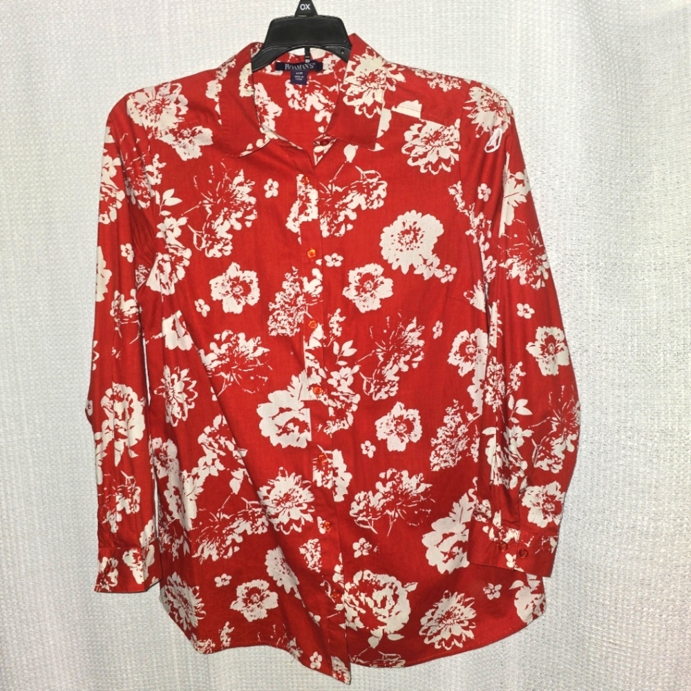 Roaman's Red Floral Button-Up Shirt Long Sleeve Sz. 14W 100% Cotton Travel